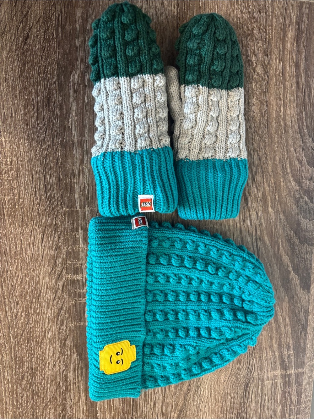 LEGO Kids Teal Cable Knit Beanie and Mitten Set